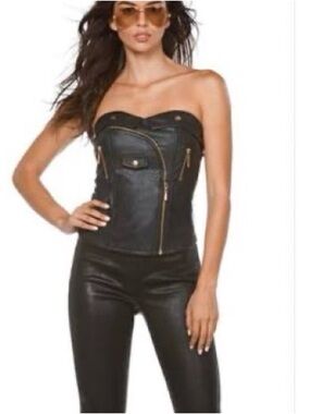 Carmin Y2K Black Faux Leather Moto Corset Strapless Bustier Top Gold Zip Size M